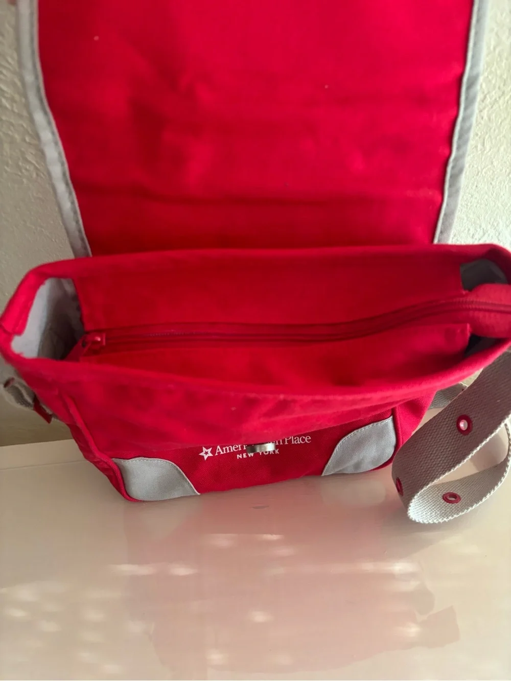 American Girl Red New York Bag with Gray Trim and Strap Accents